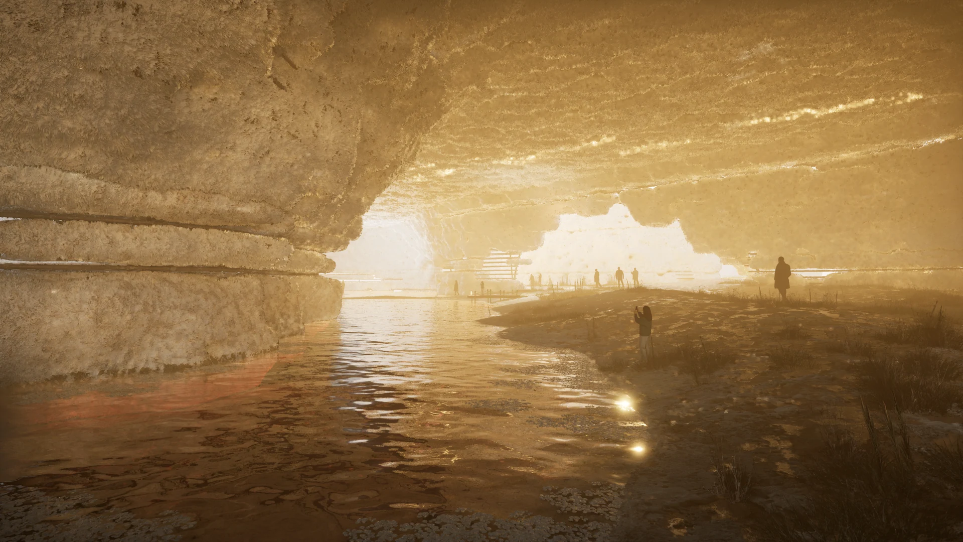 An AI-assisted visual study of salt accumulating around a dome above water and an inhabited path.